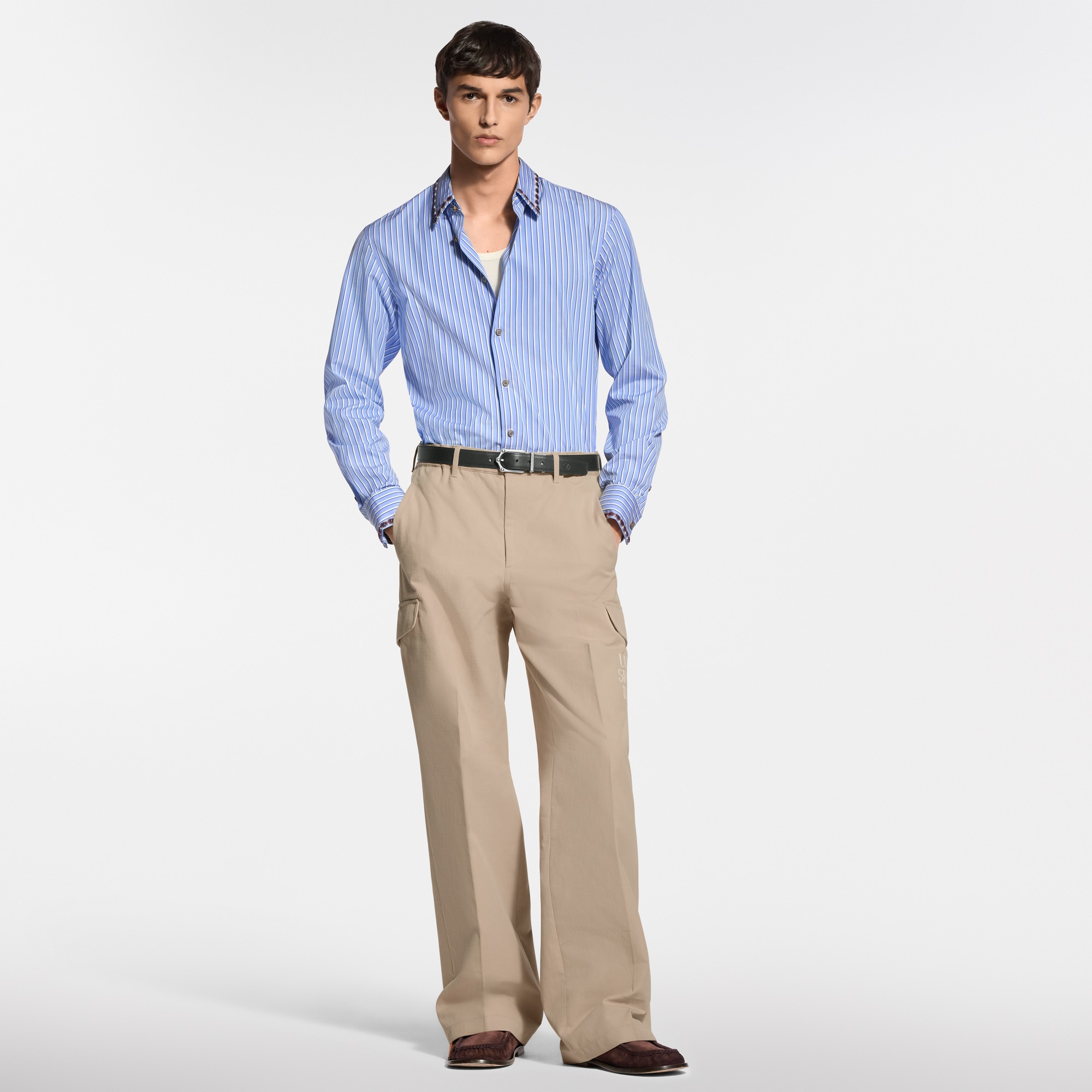 [新品]LOUIS VUITTON ルイヴィトン シャツ REGULAR FIT ビーズエンブロイダリー ロングスリーブ ストライプシャツ ｜ルイ